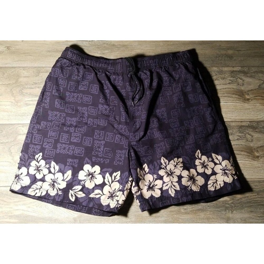 Cherokee Lined Hawaiian Print Swim Trunks Mens Large Beach Board Shorts Blue Tan